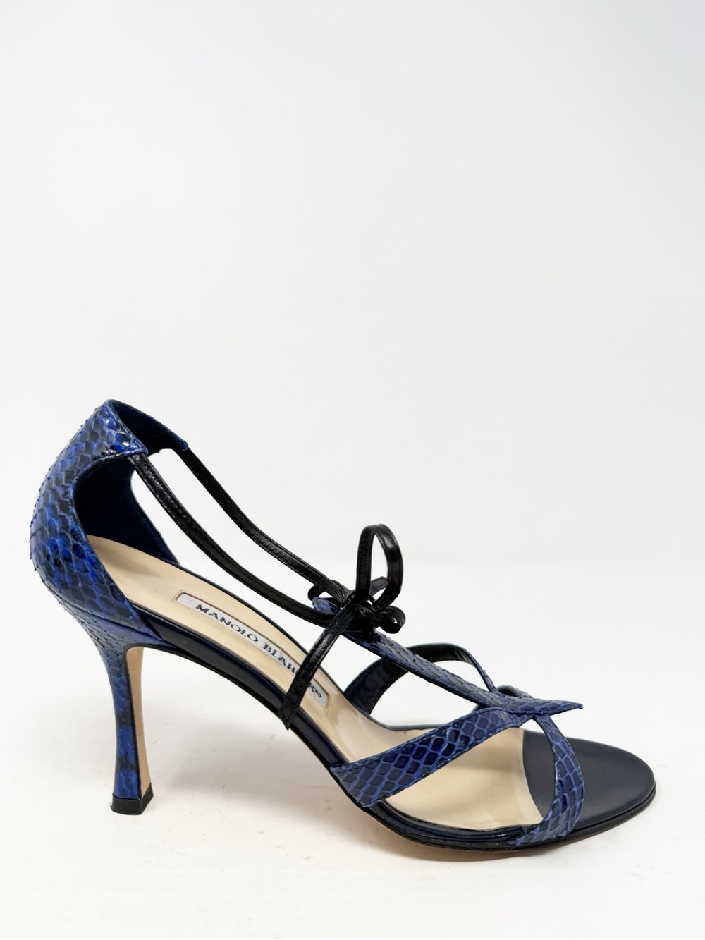 Manolo Blahnik Blue Python Strappy Tie Sandal Heels Womens Size EU 37.5 - Picture 6 of 11